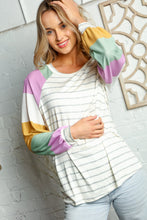 Load image into Gallery viewer, MULTI STRIPE THERMAL KNIT BUBBLE SLEEVE TOP
