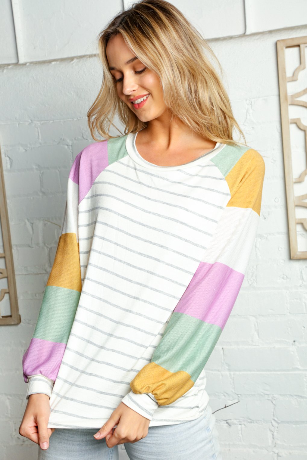 MULTI STRIPE THERMAL KNIT BUBBLE SLEEVE TOP