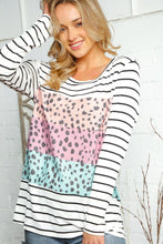 Load image into Gallery viewer, WAFFLE LEOPARD PRINT AND STRIPE RAGLAN TOP
